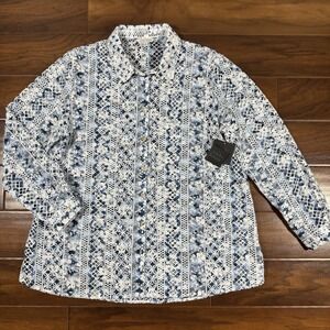 John Mark Women's Size Large Blue Eyelet Long Sleeve Button Front‎ Blouse Top